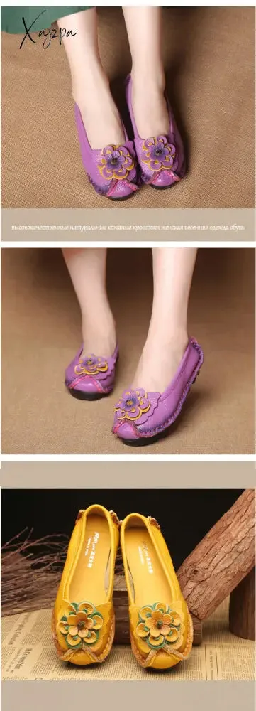 Xajzpa - Spring Leather Shoes Women Flats New Style Flower Genuine Leather Shoes For Female Flats Casual Shoes Woman Loafers