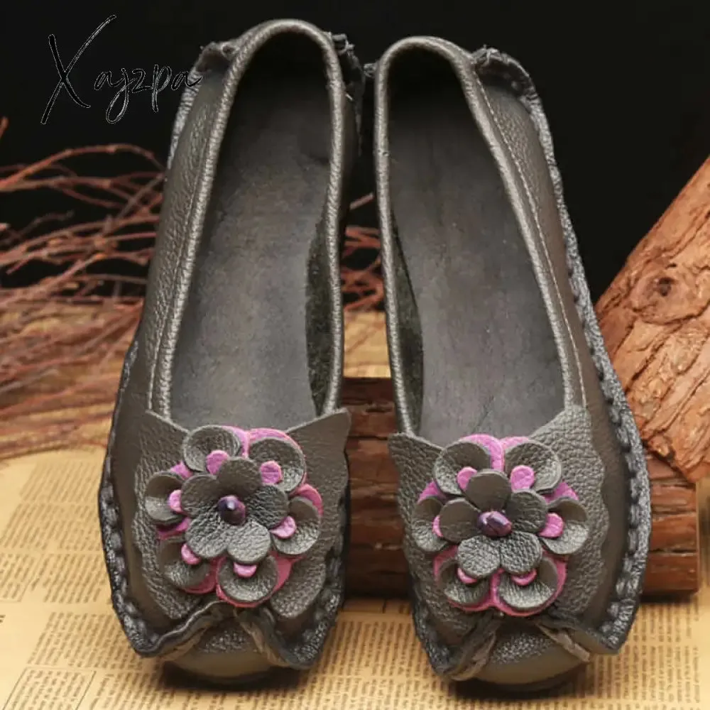 Xajzpa - Spring Leather Shoes Women Flats New Style Flower Genuine Leather Shoes For Female Flats Casual Shoes Woman Loafers