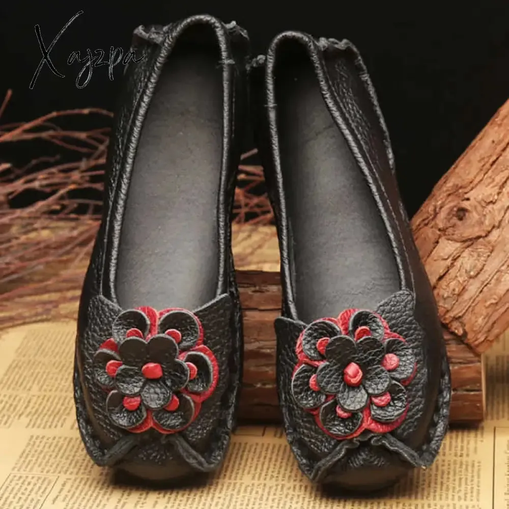 Xajzpa - Spring Leather Shoes Women Flats New Style Flower Genuine Leather Shoes For Female Flats Casual Shoes Woman Loafers