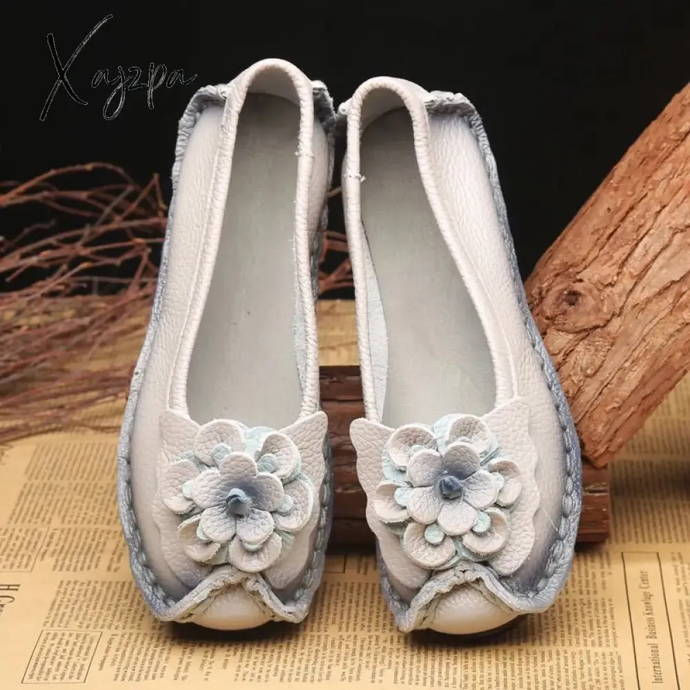 Xajzpa - Spring Leather Shoes Women Flats New Style Flower Genuine Leather Shoes For Female Flats Casual Shoes Woman Loafers